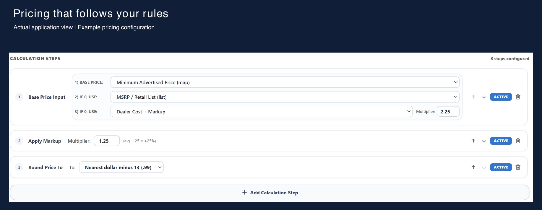 Alphard Sync pricing calculation steps: base price, markup and rounding